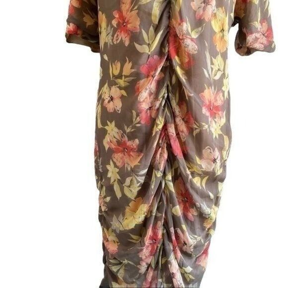 Sundance Brown Floral Short Sleeves Ruched V-Neck Silk Dress Size 14 - Picture 5 of 10